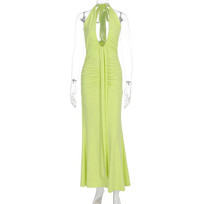 2026 Fashion Summer Women Halter Deep V-Neck Backless Solid Casual Maxi 100% Polyester Crystal Vacation Dresses