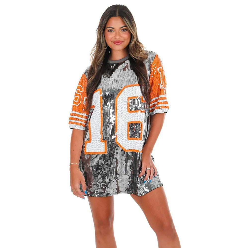 Cheerleaders Uniform O-Neck Number 16 Sparkle Sequin T-shirt Dress Festival Club Casual Loose Oversized Tunic Tee Sequin Jersey