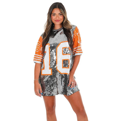 Cheerleaders Uniform O-Neck Number 16 Sparkle Sequin T-shirt Dress Festival Club Casual Loose Oversized Tunic Tee Sequin Jersey