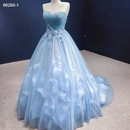 Jancember RSM66290-1 Elegant  Flower Blue Sweetheart Lace Ruffle Evening Gowns Dress