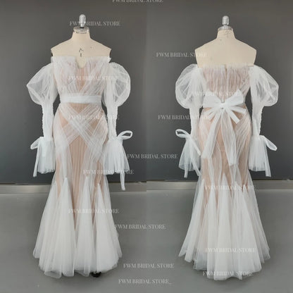 8692# Real Photos Exquisite Lace Mermaid Wedding Dress Bridal Gown for Women Puffy Sleeves Tulle Sweep Train Even Dresses