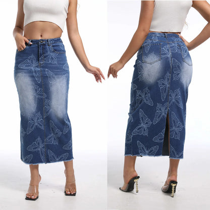 Women's Casual Logo Denim Slit Dress Maxi Length Pencil Silhouette Plus Size Winter Print Pattern-for Summer and Spring