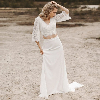 13479#Elegant V Neck Beach Bohemian Vestido De Novia Half Sleeves Outdoor Two Piece Chiffon Boho Lace Wedding Dress Bride Gown