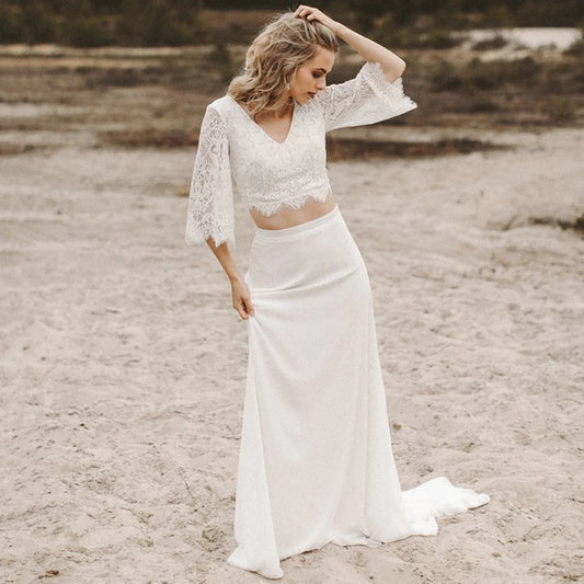 13479#Elegant V Neck Beach Bohemian Vestido De Novia Half Sleeves Outdoor Two Piece Chiffon Boho Lace Wedding Dress Bride Gown