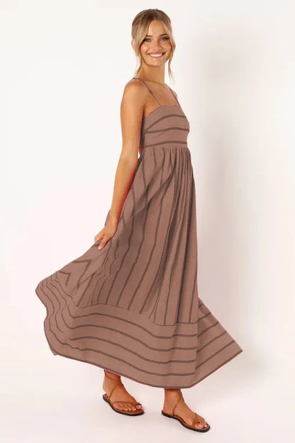 Enyami S-XL Summer Beach Holiday Boho Elegant Striped Sexy Back Design Long Sleeveless A-line Vacation Maxi Slip Women Dress