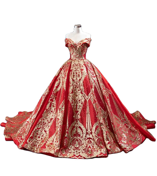 Feishiluo Women's Dark Red Aline Ball Gown Wedding Dress Plus Size Design Lace Featuring Flowers Crystal Appliques New Design