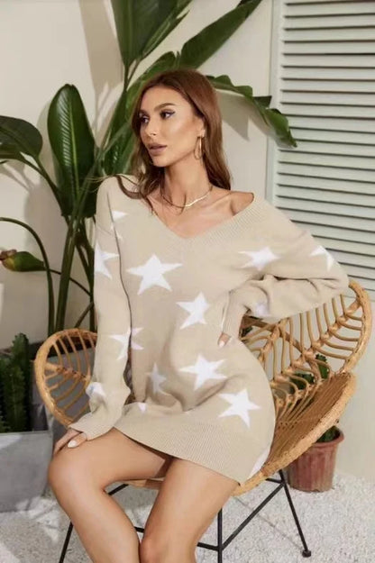 2026 New Women Girls Sweater Dress Spring and Autumn Star Pattern Collar Shoulder  Knitted Dress