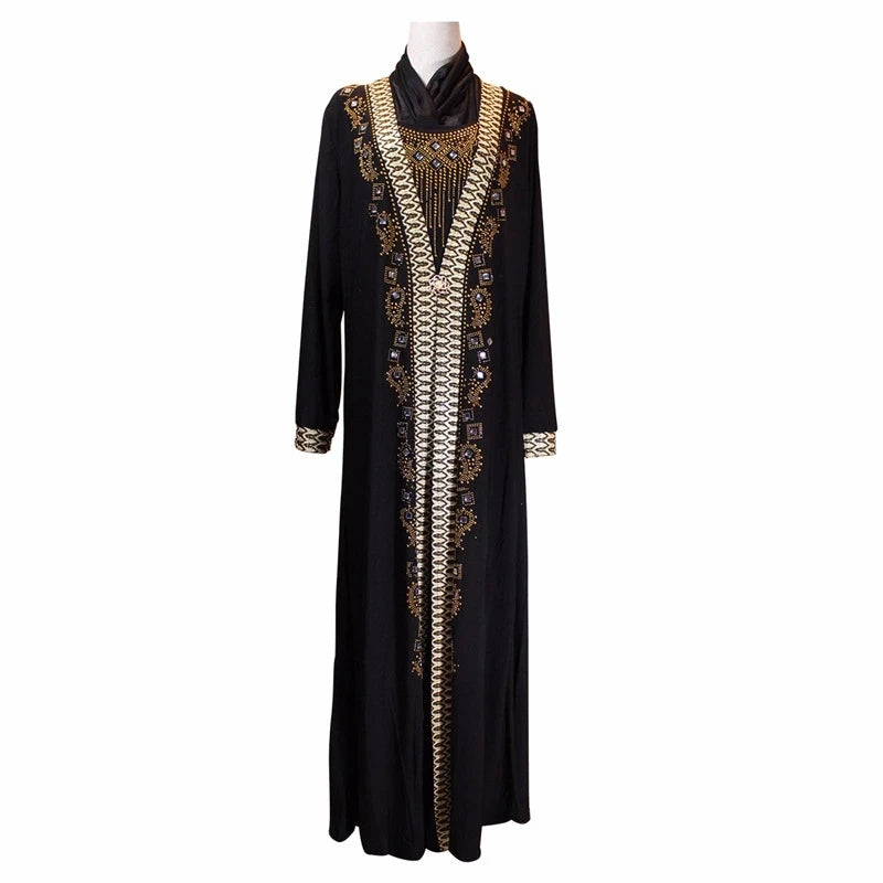 Wholesale Women Fashion Long Sleeve Pretty Diamond Muslim Islamic Dresses Cardigan Black Abaya (no Hat) Long Robe Dress