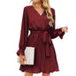 Elegant Casual V-Neck Pleated Mini Dress with Belt Women's Long Sleeve Fashion Dress Solid Pattern Natural Waistline
