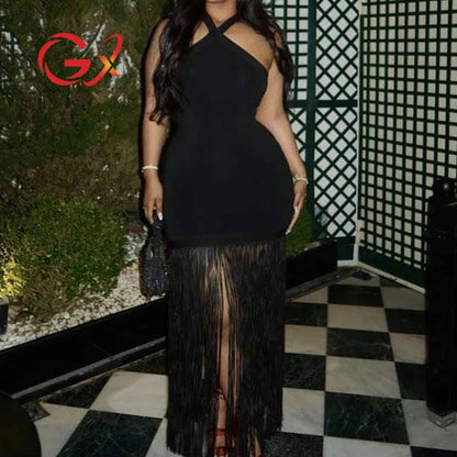 GX4212 Fashion Summer Women Clothes Boutique Sleeveless Evening Long Tassel Dress Sexy Backless Party Maxi Dresses