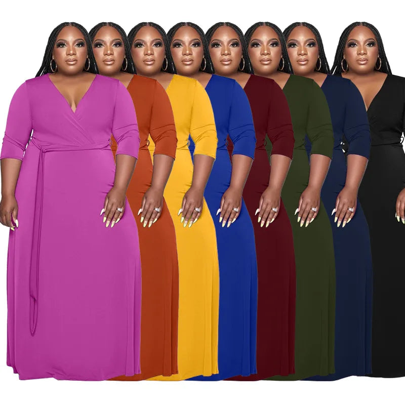 2022 New Arrival Women's Clothing With Belt Solid Color Fashion Long Dresses Women Plus Size Womens Dresses