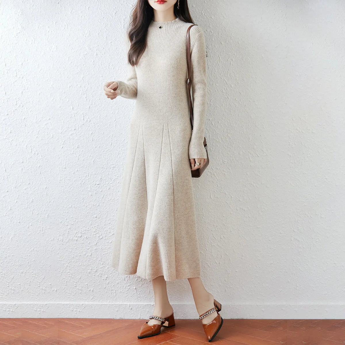 Autumn and Winter Women's Mid Length Knee Length Sweater Dress Semi High Collar Bottom A-line Knitted Dress