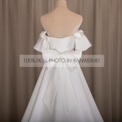Real Photos Simple Bow Corset Back Strapless Wedding Dress Short Sleeve Satin A-Line Bridal Gown for Wedding Dress Bridal Gown