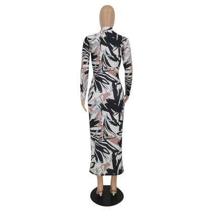 E0109TA33 Wholesale Price Women Printed Knit Ribbed Long Sleeve Birthday Bodycon Midi Maxi Dress