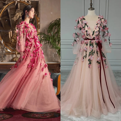 14252# Real Photos Romantic Long Sleeves V Neck 3D Flowers Tulle A-line Prom Evening Dress Wedding Party Gown for Women