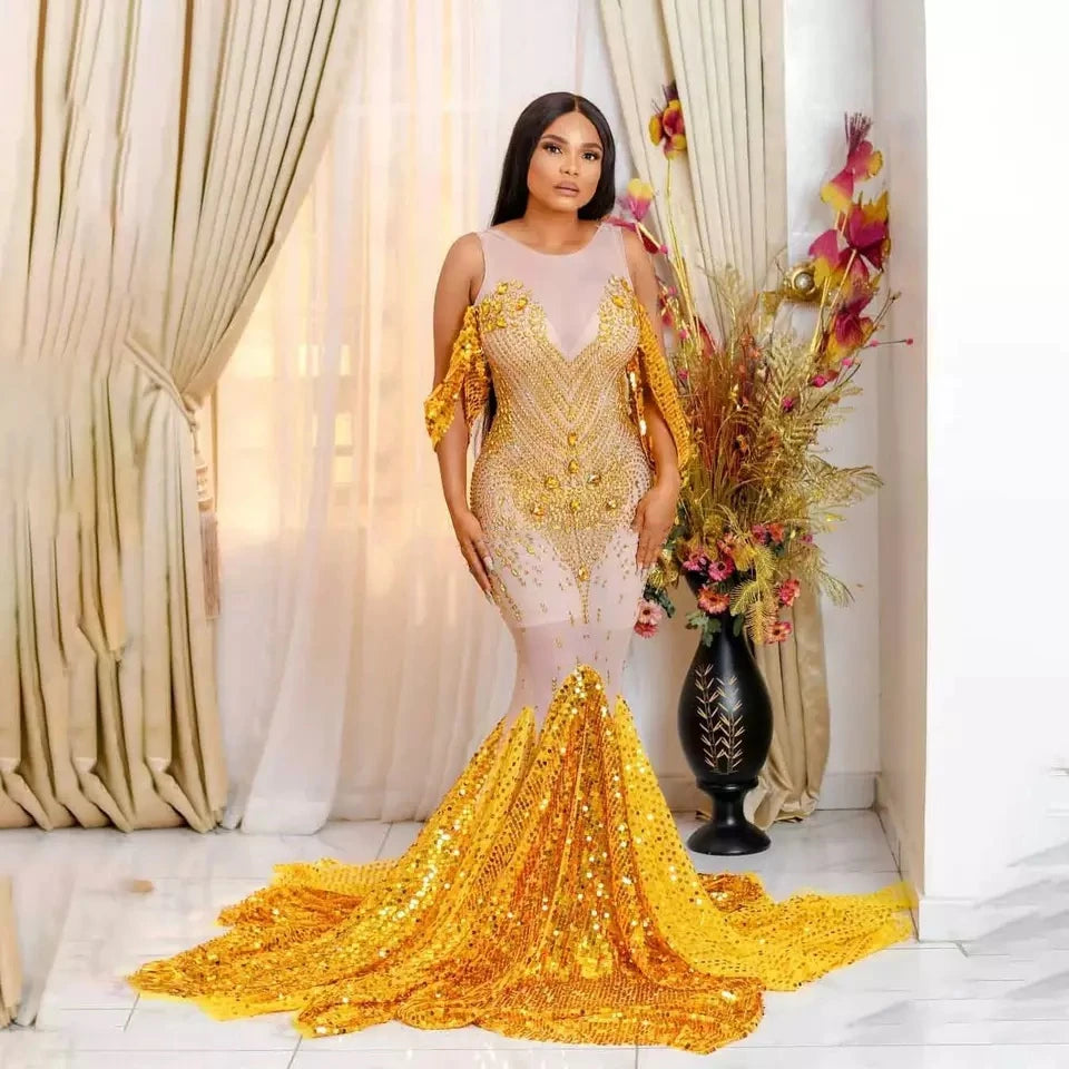Elegant See Through Glitter Sequins Rhinestone Wedding Party Ball Gowns for Women Prom Trailing Dress Mermaid Evening Dresses
