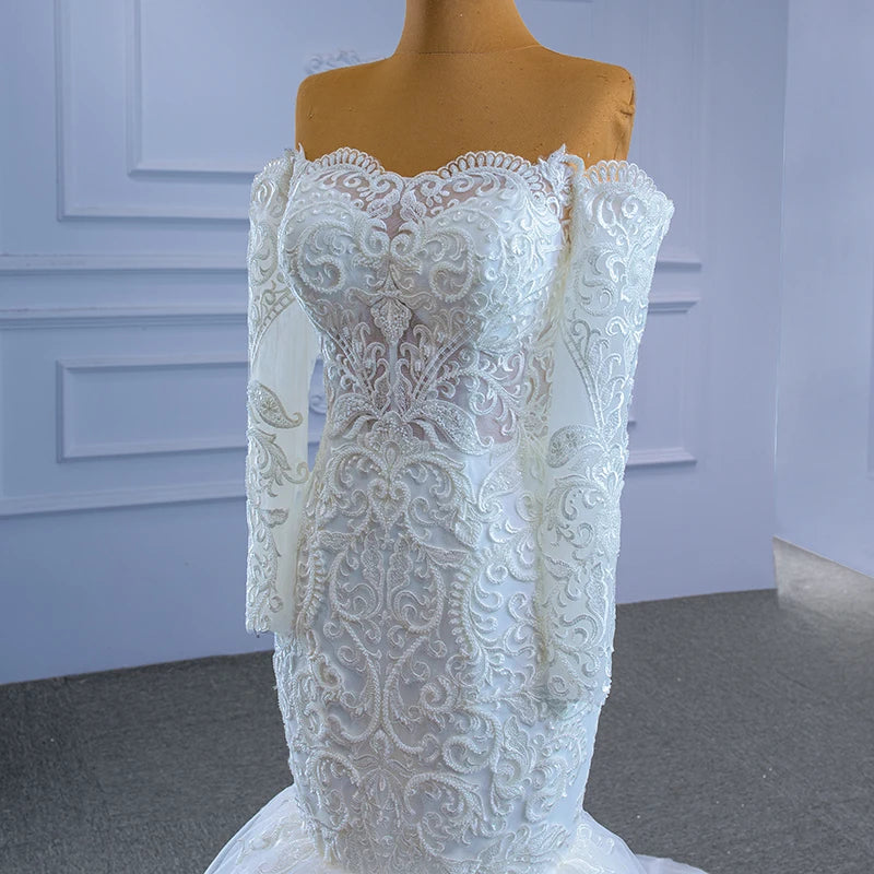 Jancember  Rsm67353 Luxury Tube Top Long Sleeve Lace Embroidered Mermaid Wedding Dress
