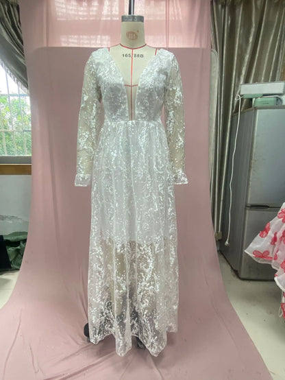 Spring New Wedding Dress Women's Solid Color Sexy V-neck Dress