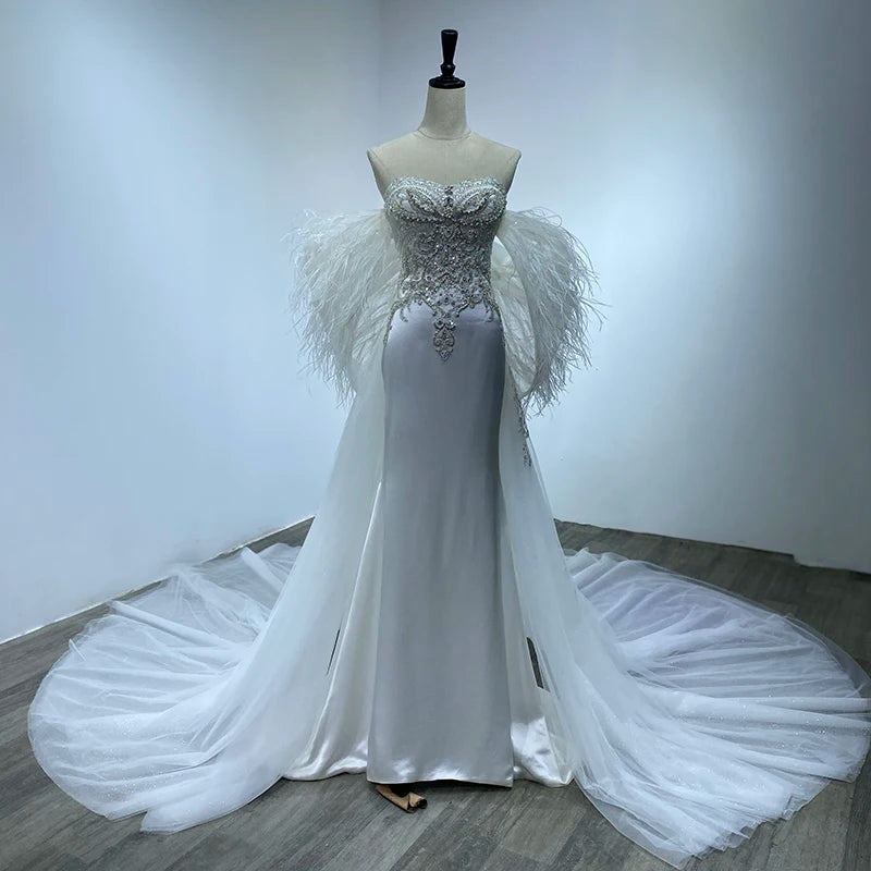 Off Shoulder Detachable Tail Wedding Dress Beaded Pearls Bridal Gown Sequined Feather Backless Gown Wm22
