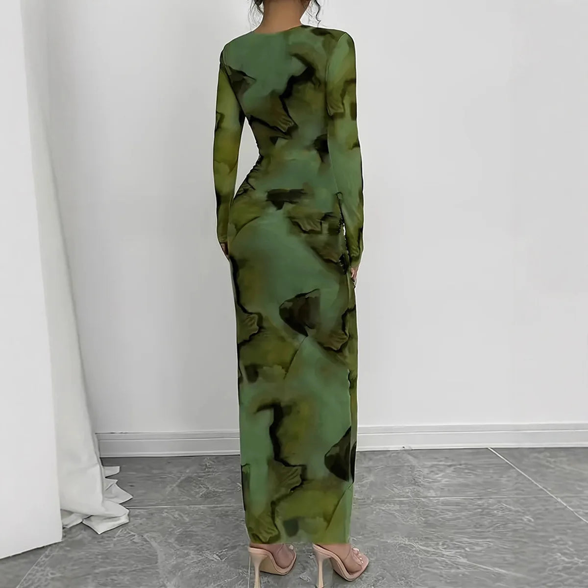 BR6013 Women's Vintage Printed Stretchy Dress Empire Waist Crew Neck Long Skirt Anti-Static Polyester Spandex