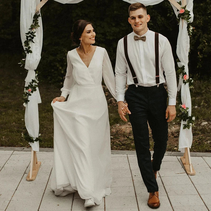 13814# Elegant Long Puff Sleeve Wedding Dress 2022 Simple A-Line Chiffon V-Neck Bridal Gown Button Sweep Train Wedding Gown