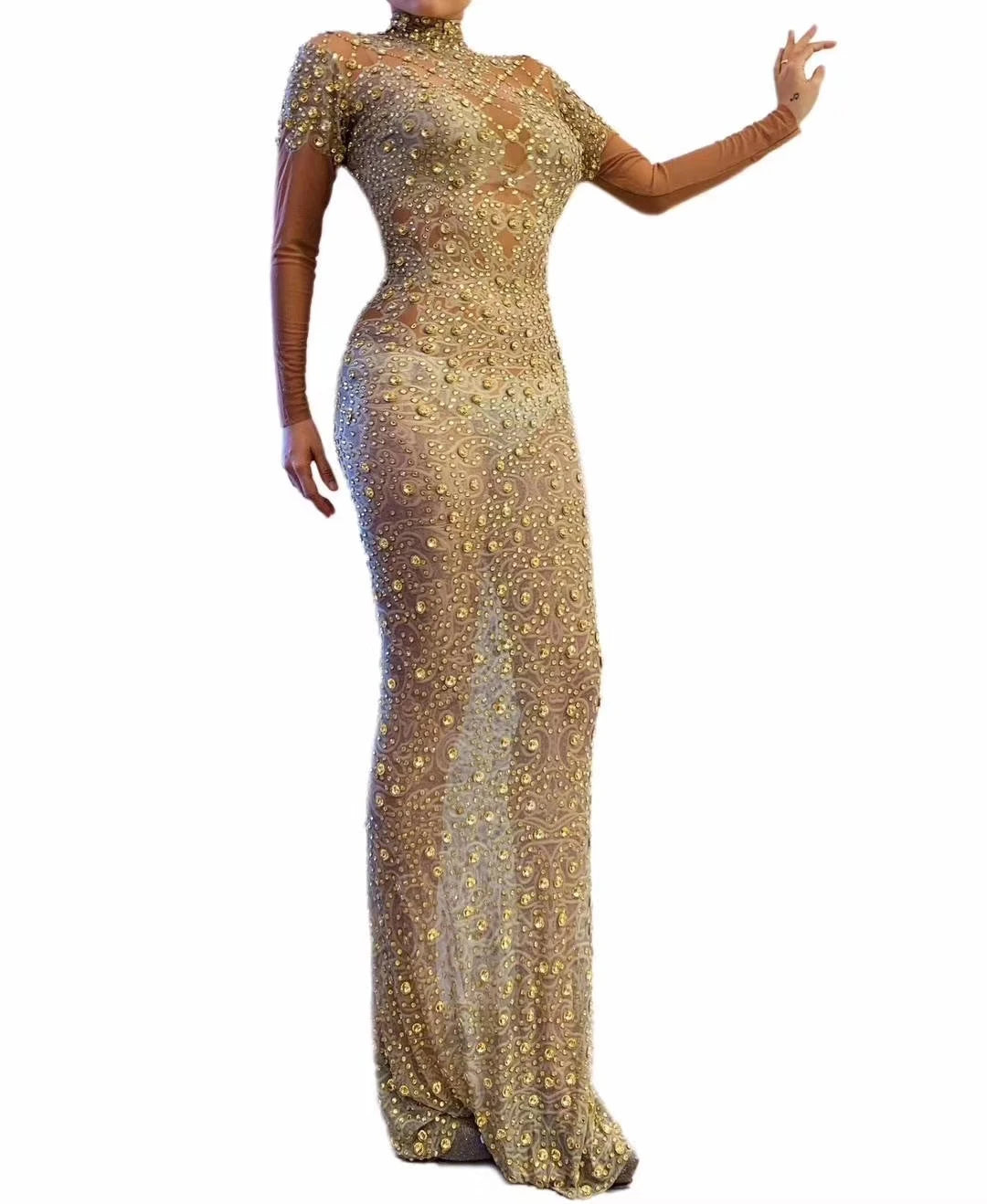 Luxury Perspective Mesh Gold Crystal Night Prom Long Dress Women Bodycon Birthday Wedding Party Dress Ladies Sexy Evening Gown
