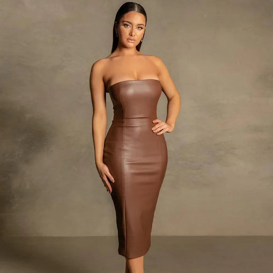 Wholesale Fashion Elegant Strapless Zipper Sexy Pu Leather Formal Midi Dresses for Ladies