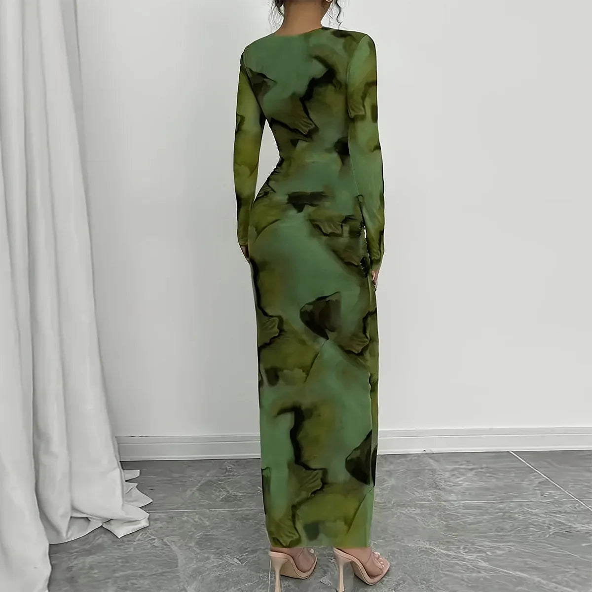 BR6013 Women's Vintage Printed Stretchy Dress Empire Waist Crew Neck Long Skirt Anti-Static Polyester Spandex
