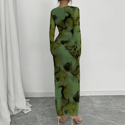 BR6013 Women's Vintage Printed Stretchy Dress Empire Waist Crew Neck Long Skirt Anti-Static Polyester Spandex
