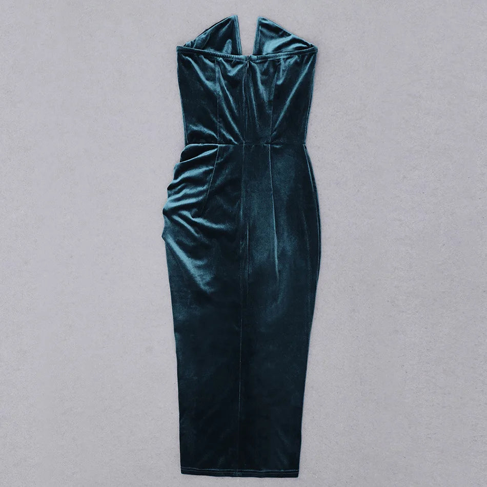 R30409S 2022 Spring and Summer New Ladies Velvet Tube Top V-neck Irregular Slit Mid-length Dress High-end Clothing Black Dress