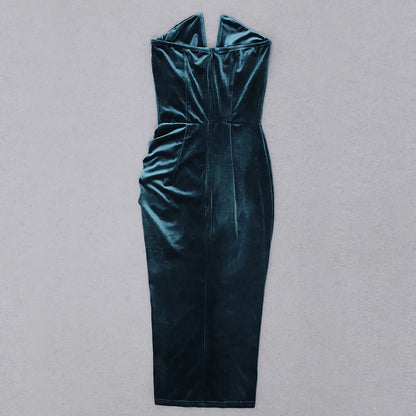 R30409S 2022 Spring and Summer New Ladies Velvet Tube Top V-neck Irregular Slit Mid-length Dress High-end Clothing Black Dress