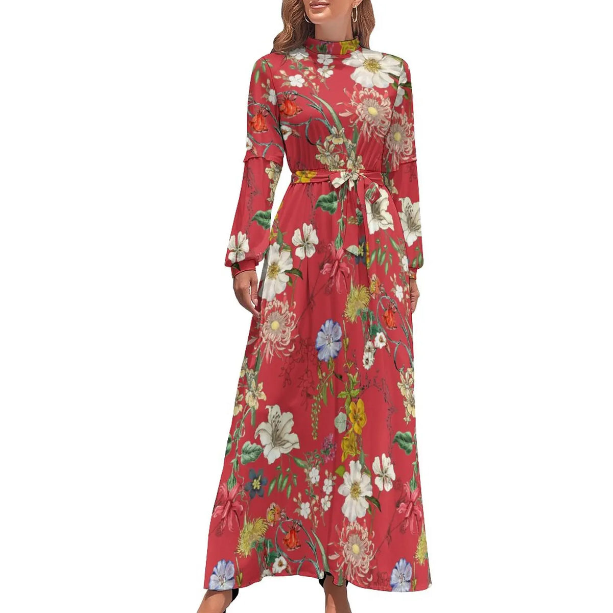 Print on Demand Wholesale Long Sleeve Women's Casual Dress Streetwear Floral Printed Elegant Maxi Dress for Woman