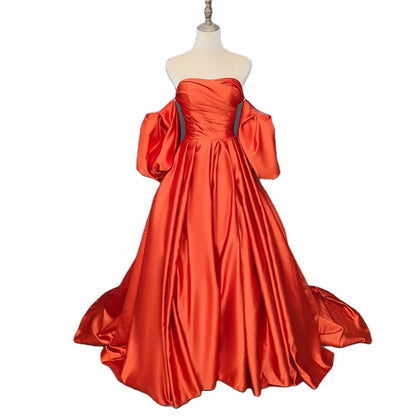 13844# Candy Color Sweep Train Off-Shoulder Boat Neck A-line Wedding Dress Modern Detachable Puff Sleeve Bow Stain Bridal Gown