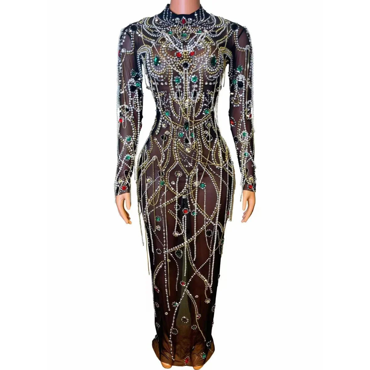 Ocstrade High Quality Luxury Women Stage Dress Long Sleeves Pearls Tassel Beading Crystal Mesh See Through Performance Dress
