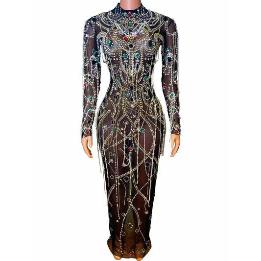 Ocstrade High Quality Luxury Women Stage Dress Long Sleeves Pearls Tassel Beading Crystal Mesh See Through Performance Dress