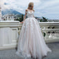 #13798 Modern Long Sleeve Wedding Dress Ball Gown Sexy Boat Neck Appliques Bridal Gown Lace Backless Button Tulle Sweep Train