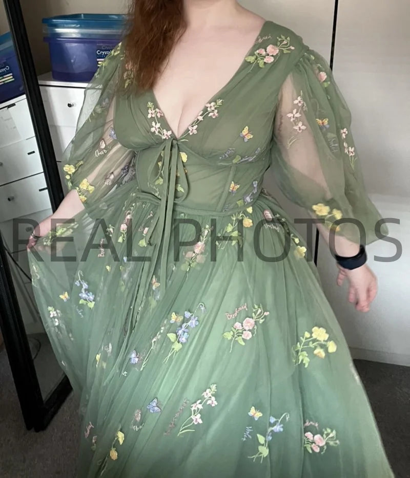 Custom Pastrol V-neck Puffy Sleeve Appliques A-line Wedding Gown Birthday Party Dress for Plus Size Women Prom Evening Dresses