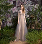 Elegant Evening Dress Short Sleeves Delicate Beaded Gray Tulle Ladies Long Evening Party Wear Gown