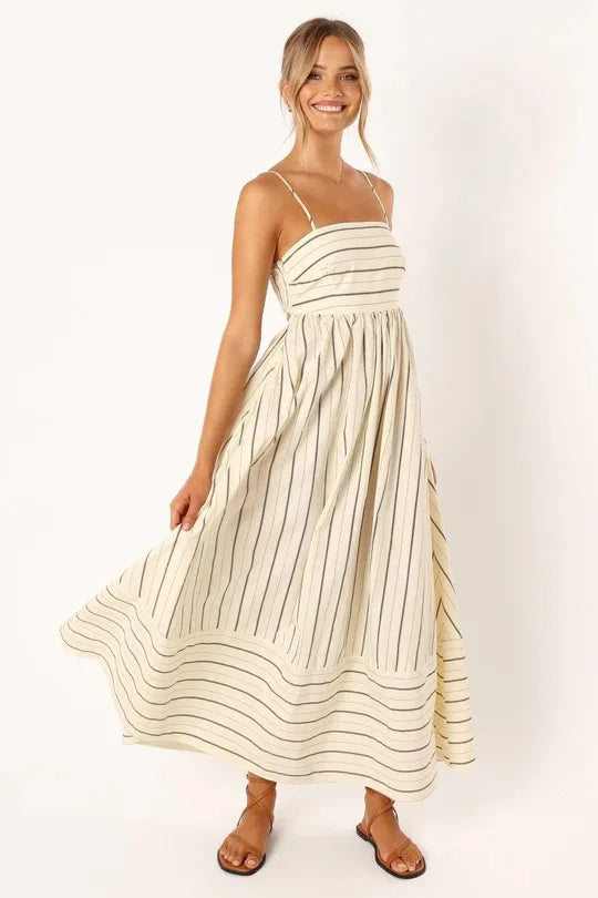 Enyami S-XL Summer Beach Holiday Boho Elegant Striped Sexy Back Design Long Sleeveless A-line Vacation Maxi Slip Women Dress