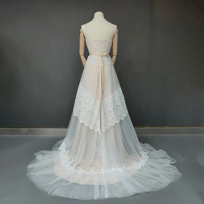 #1247 Spaghetti Straps Soft Lace Sleeveless Sweep Train A-Line Bohemian Beach Backless Wedding Dress Bridal Gowns Evening Dress