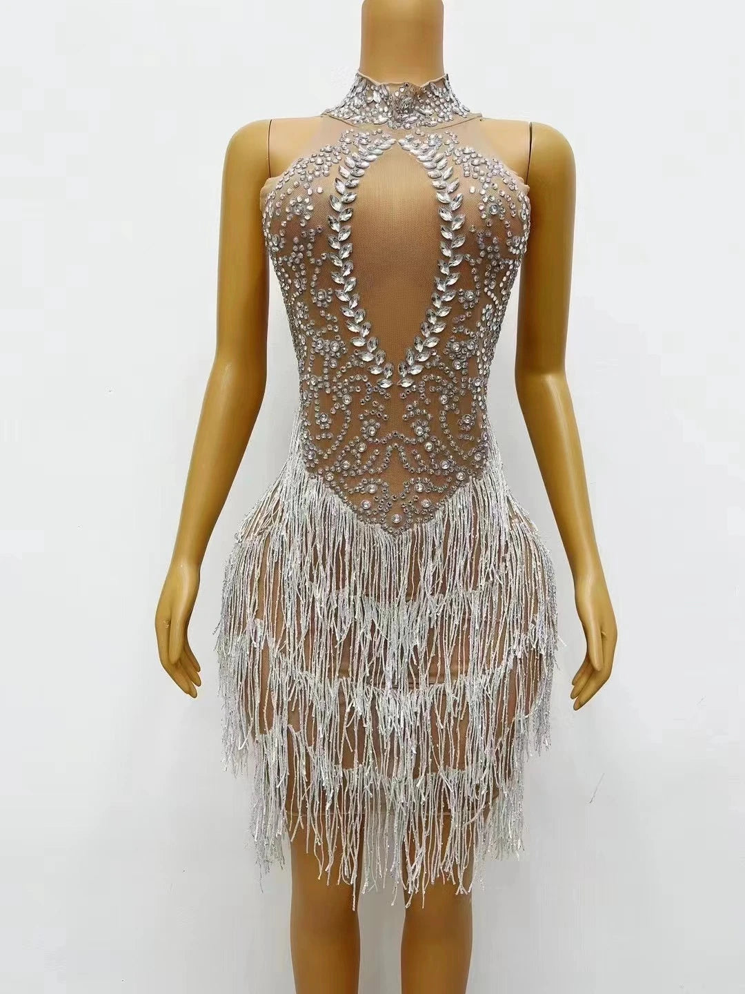 Elegant Rhinestone Tassel Short Birthday Prom Dress Lady Dancer Costume Formal Party Evening Dresses Women Night Club Dress