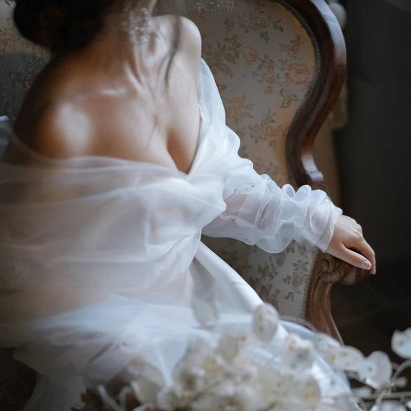 4531# Real Photos Custom Elegant Off Shoulder for Beach Wedding Lace Sweep Train Satin A-line Wedding Dress Bridal Gown