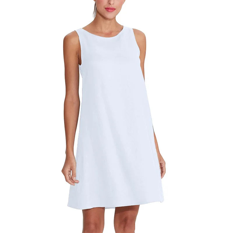 100% Linen O-Neck A-line Casual Sleeveless Loose Pockets Dress for Women