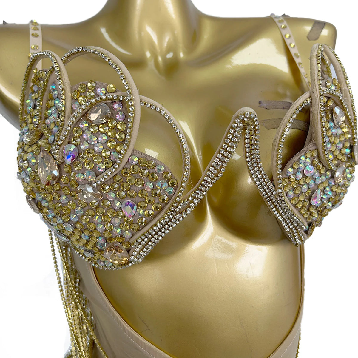 Luxury Halter Backless Gold Rhinestones Tassel Bra Prom Dress Sexy Hollow Out Exotic Stripper Dancewear Women Club Party Dresses