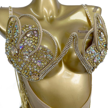 Luxury Halter Backless Gold Rhinestones Tassel Bra Prom Dress Sexy Hollow Out Exotic Stripper Dancewear Women Club Party Dresses