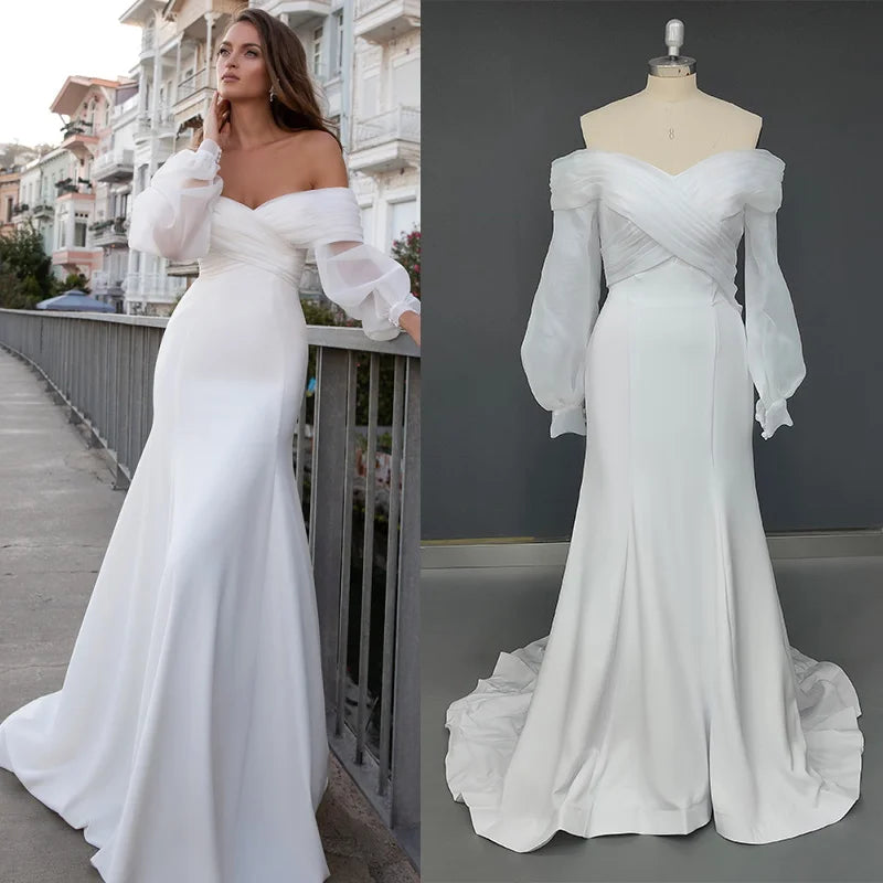 Real Photos Off Shoulder Lantern Sleeves Sheath Soft Satin Ruched Sweep Train Wedding Dress Low Back Bridal Gown for Women