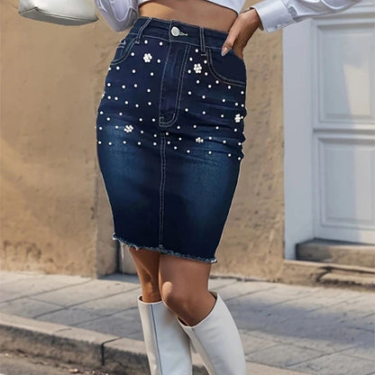 European and American Style Vintage Beaded Stretch Waist Denim Mid-length Skirt
