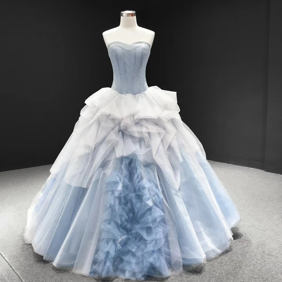 Feishiluo A-Line Ball Gown Wedding Dress Wholesale Blue Party Dress Lace Appliques Embroidery Modern Floral Print Plus Size