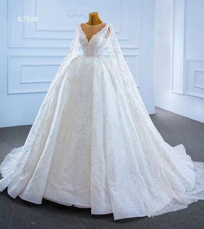 Feishiluo Luxury Wedding Dress O-Neck Ball Gown Long Sleeves Chapel Train Embroidery Appliques Floral Print Beaded Lace Crystals