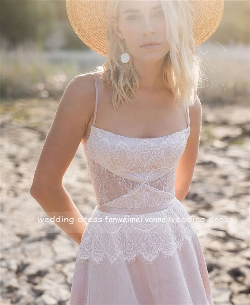 #1247 Spaghetti Straps Soft Lace Sleeveless Sweep Train A-Line Bohemian Beach Backless Wedding Dress Bridal Gowns Evening Dress